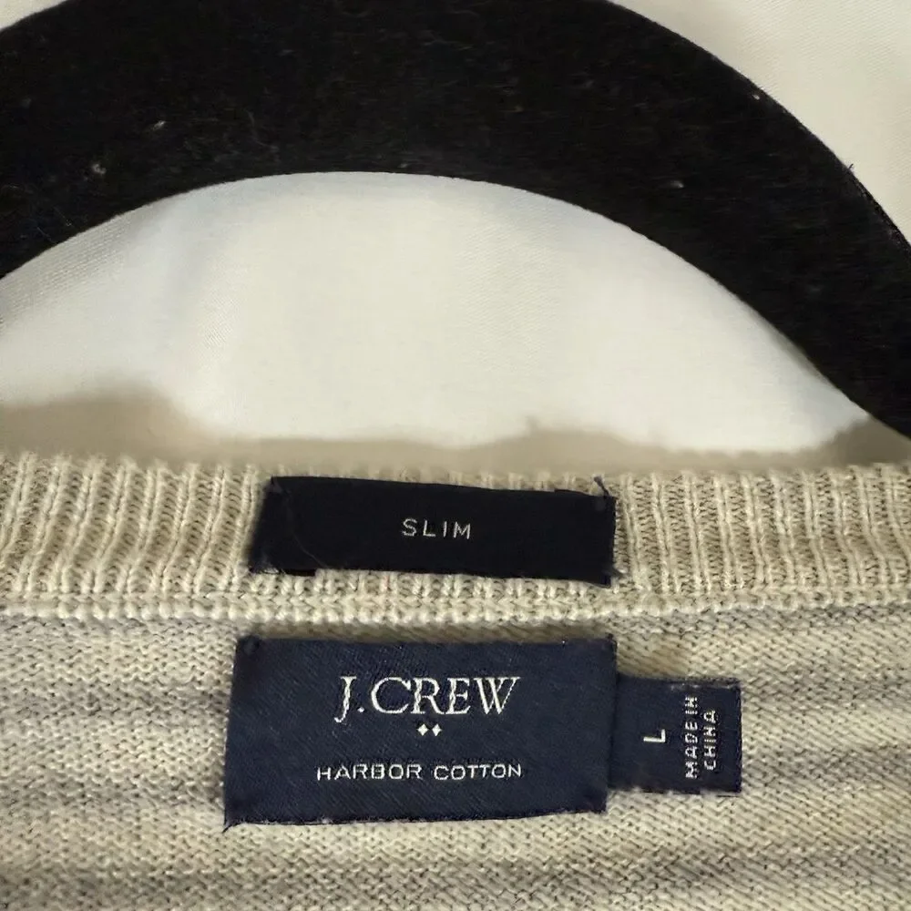 J Crew Harbor Cotton Sweater Men's Large Slim Fit Grey White Striped Crewneck